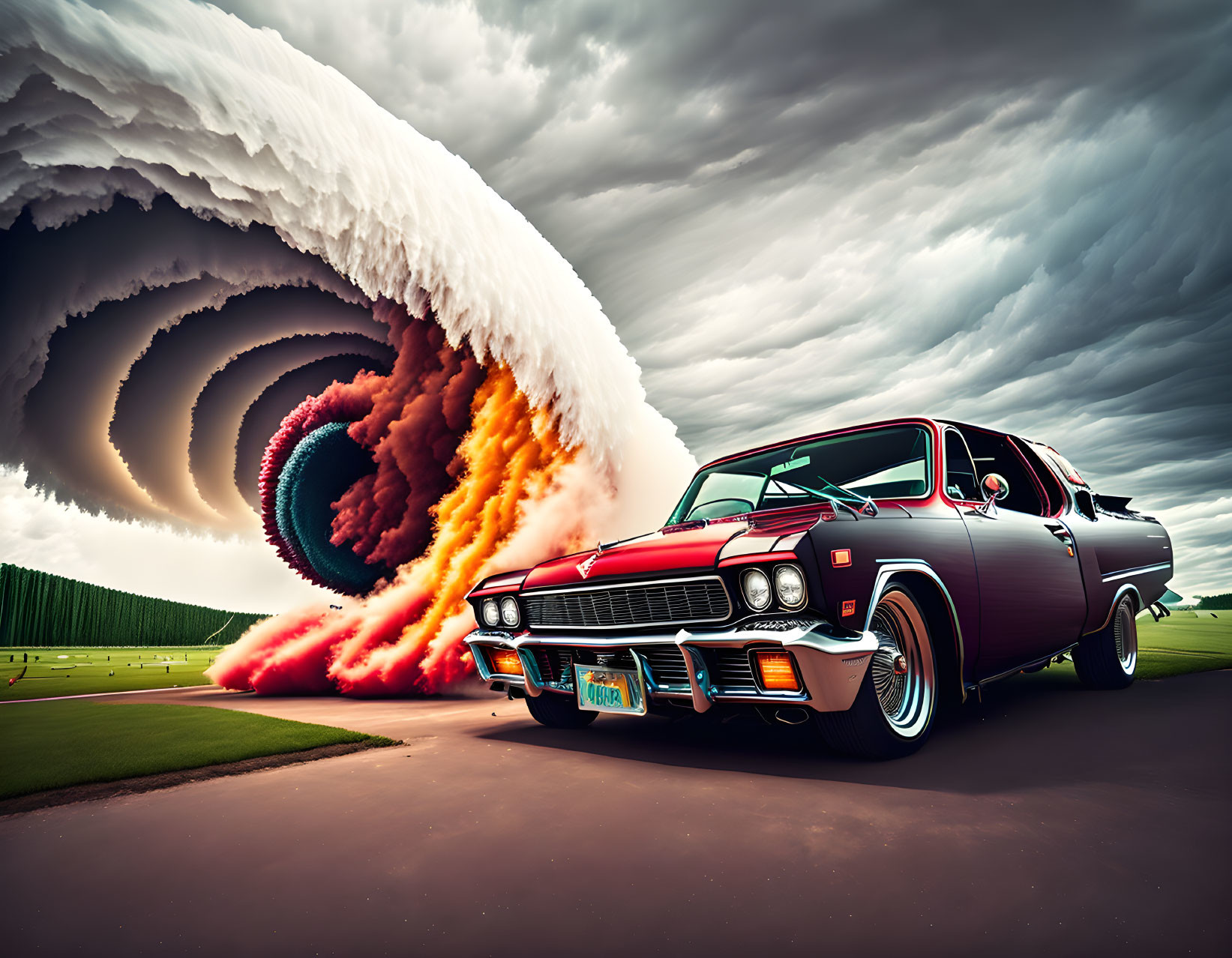 Vintage Car with Exaggerated Flames and Surreal Backdrop