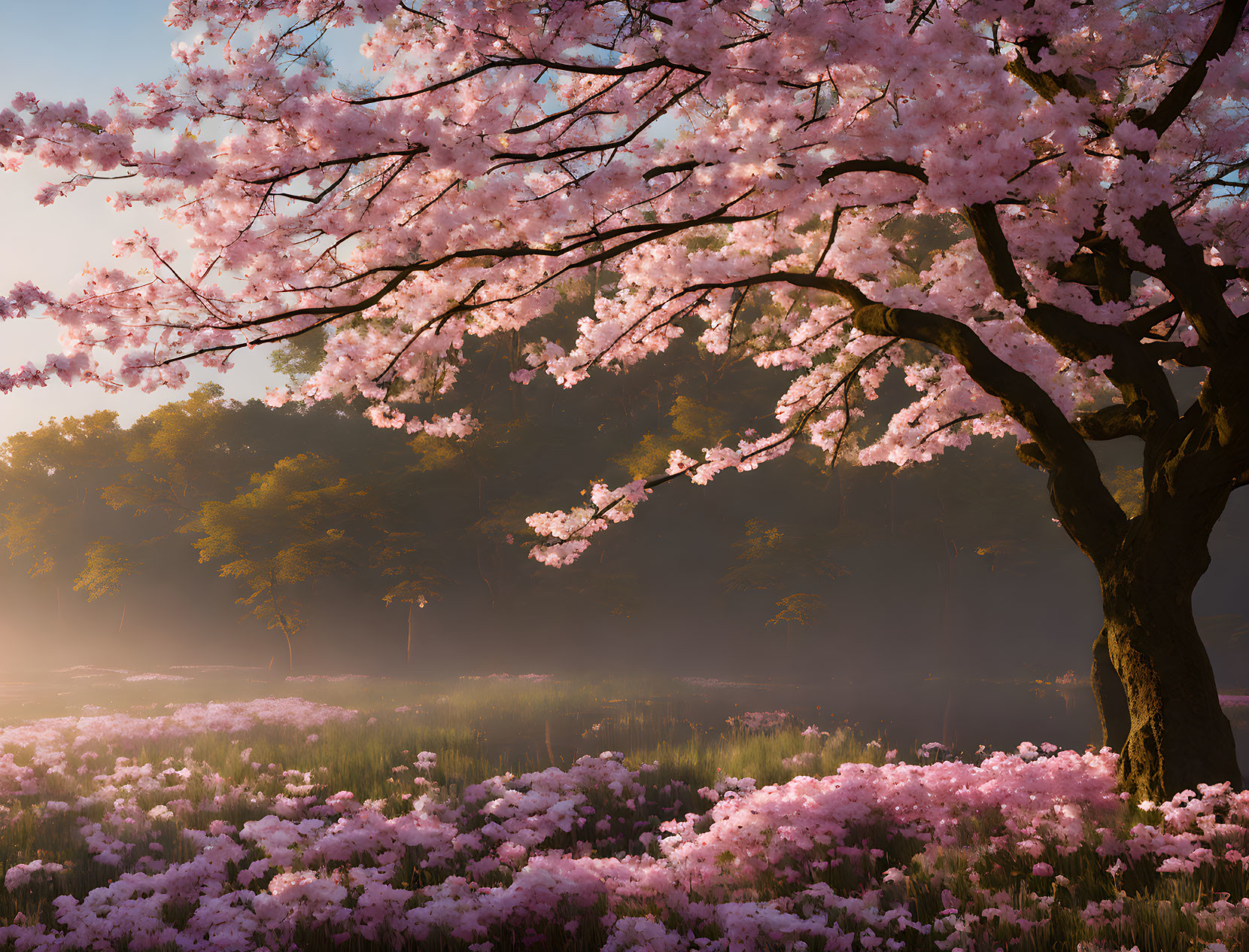 Pink Cherry Blossoms in Tranquil Forest Clearing at Sunrise