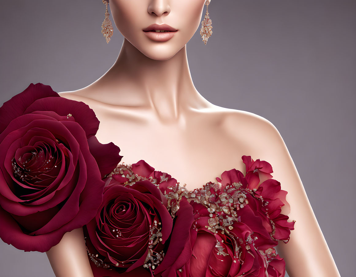 Woman in Rose-themed Dress with Elegant Earrings on Neutral Background