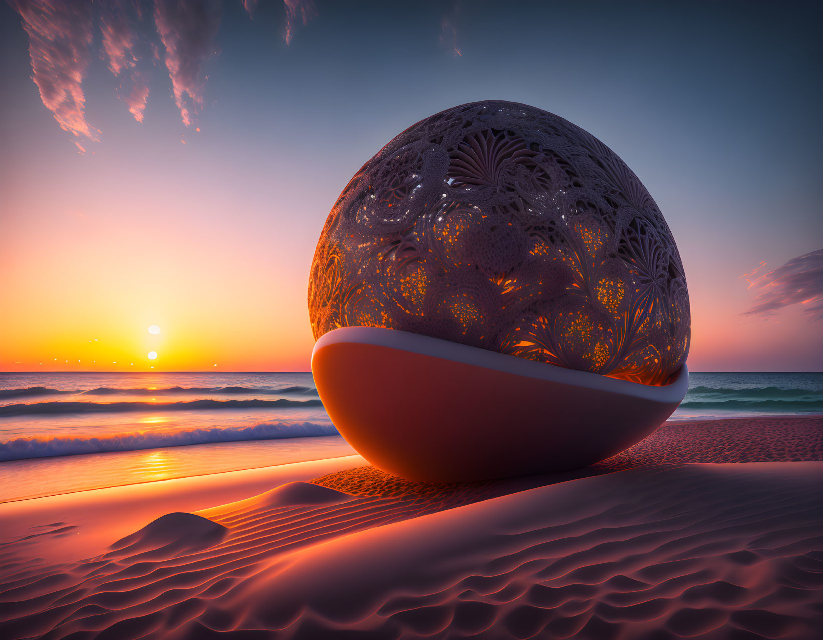 Spherical sculpture on sandy beach at sunset