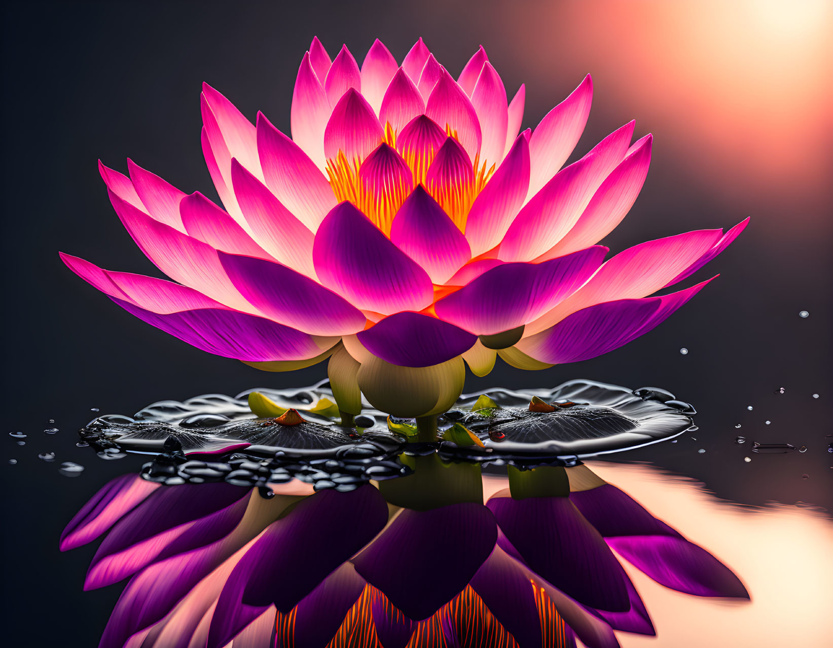 Vivid pink lotus flower blooming above water with reflection and ripples on warm backdrop