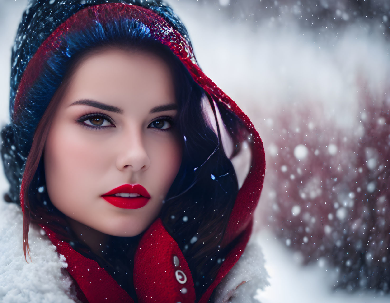 Woman with Bold Red Lipstick and Blue-Red Hood in Snowy Scene