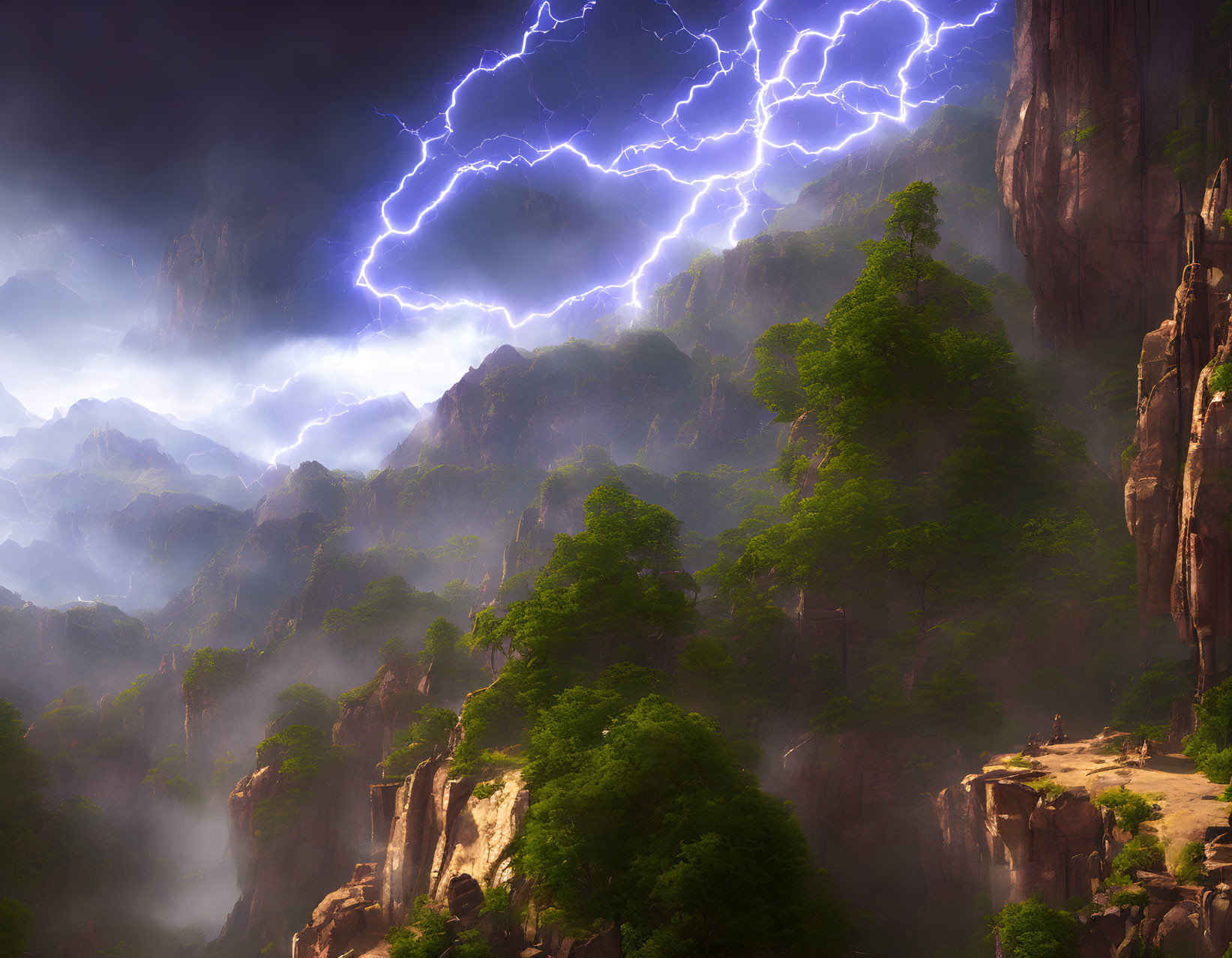 Stormy landscape: Misty mountains struck by lightning