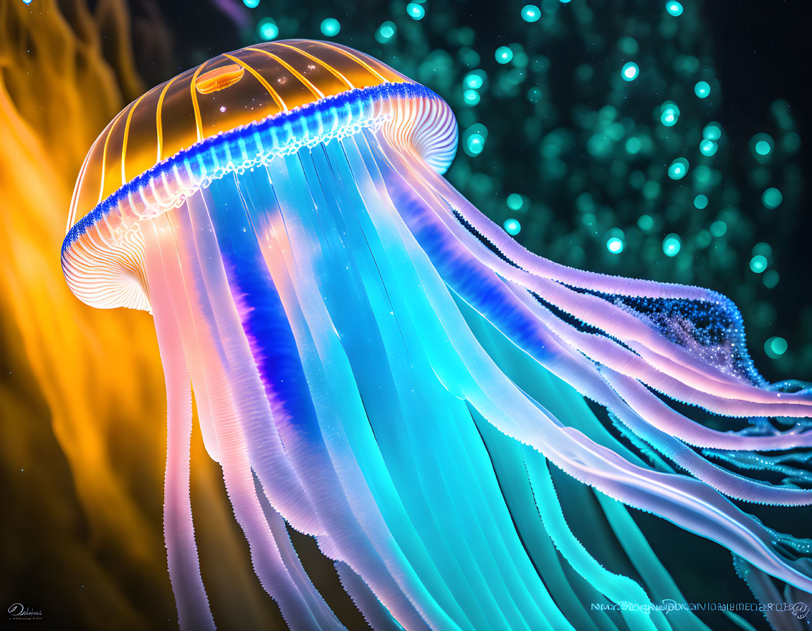 Translucent iridescent jellyfish with glowing tentacles underwater