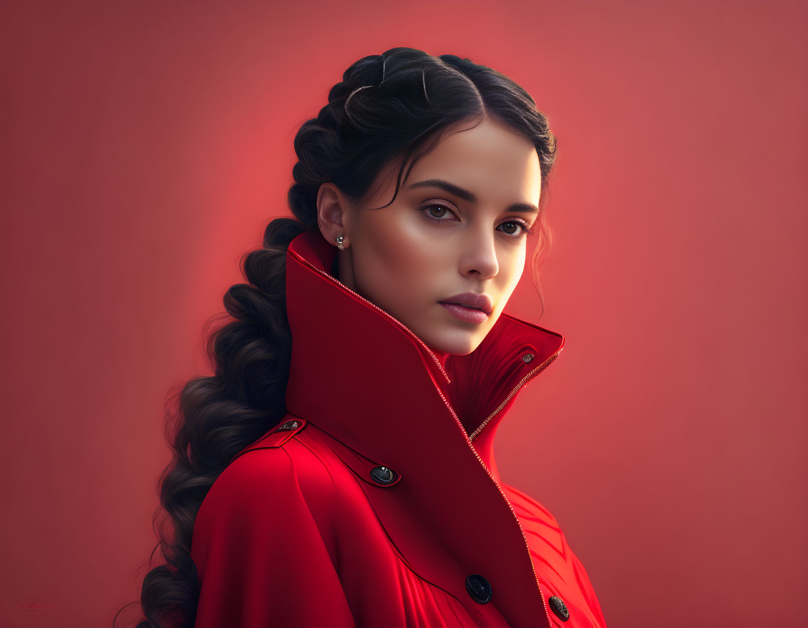 Detailed digital portrait: Woman with braided hair in red coat on matching background