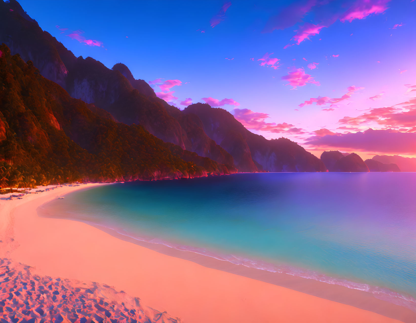 Scenic sunrise over serene beach with dramatic mountains