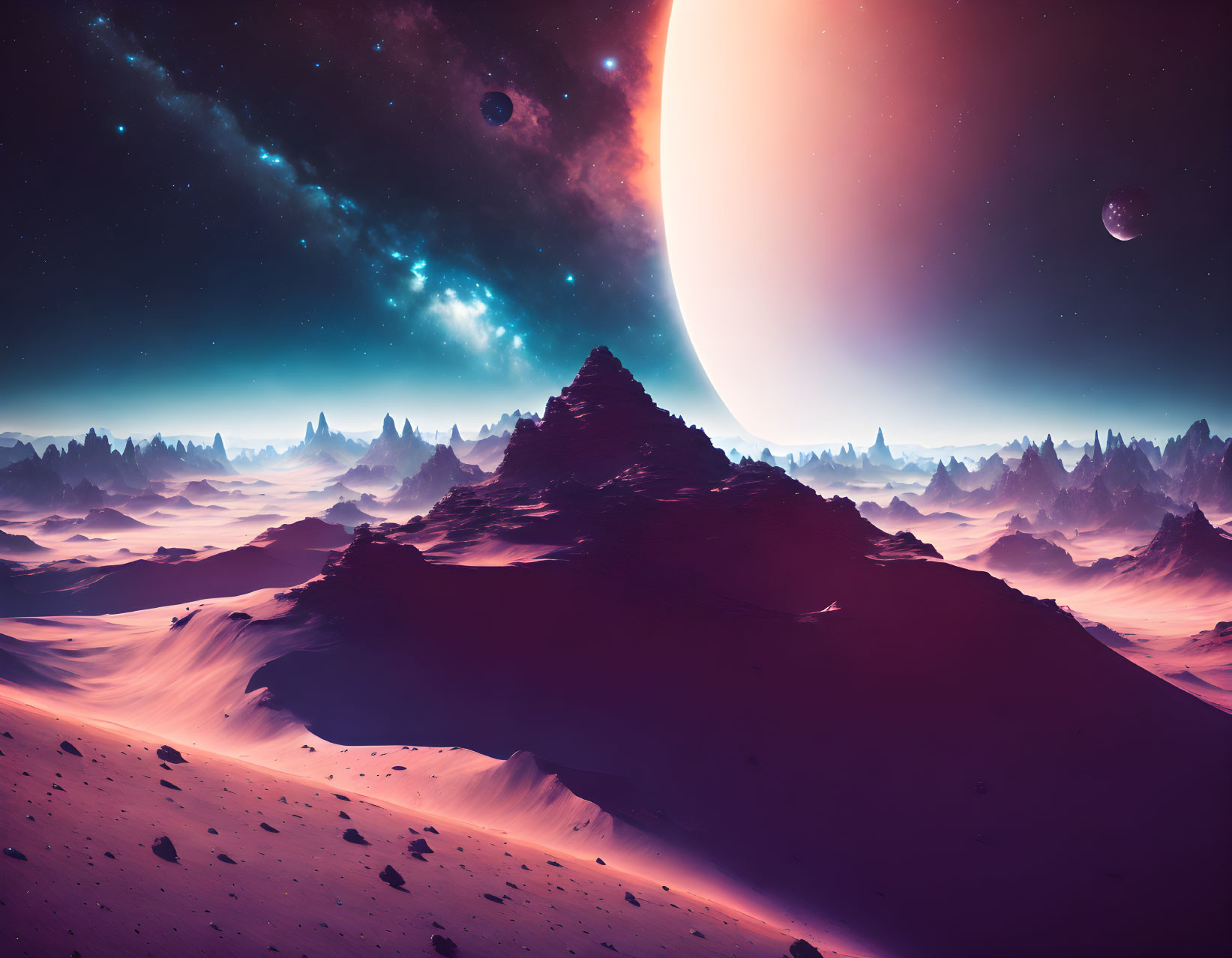 Surreal landscape with desert, pointed mountains, giant planet, moons, and starry sky