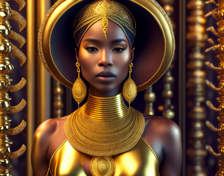 Golden Regalia Adorned Woman with Headpiece and Neck Rings in Elegant Pose