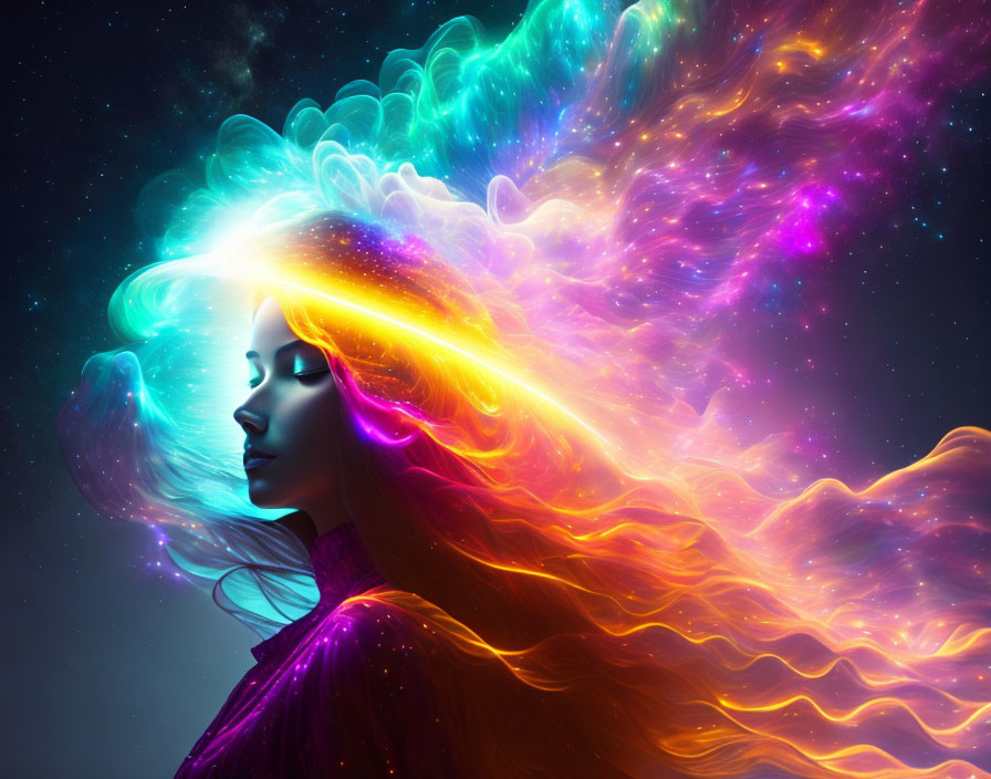 Profile of a Woman with Flowing Hair in Vibrant Cosmic Nebula