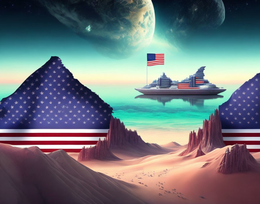 Surreal landscape featuring American flag mountains, starship, moons, and distant flag.