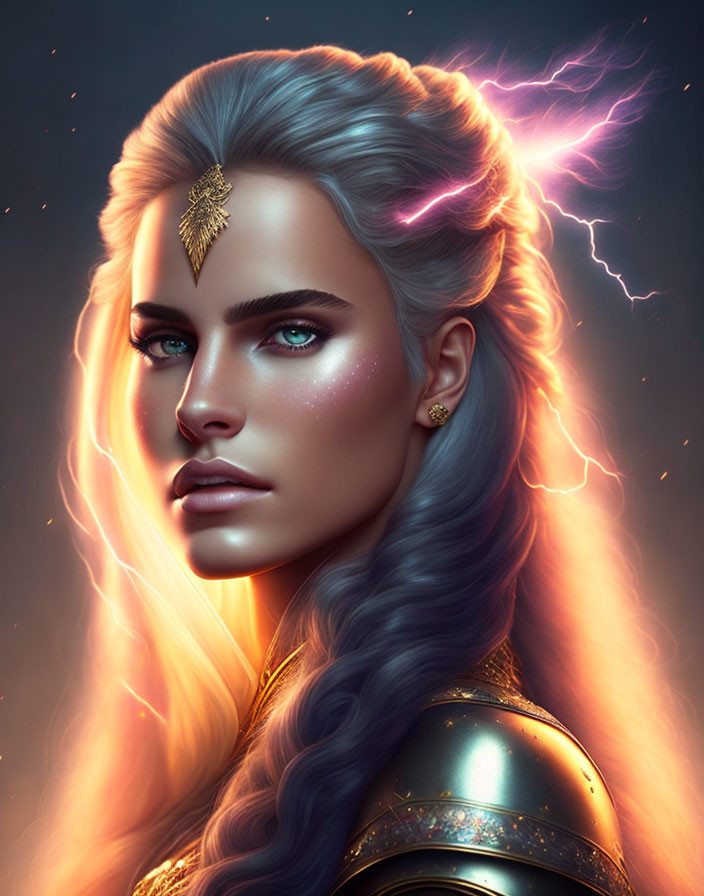 Digital artwork: Female character with blue eyes, silver hair, glowing skin, and lightning effect