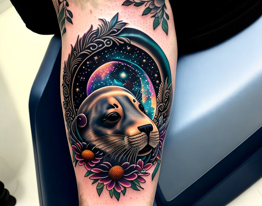 Colorful Seal Head Tattoo in Cosmic Frame with Flowers on Arm