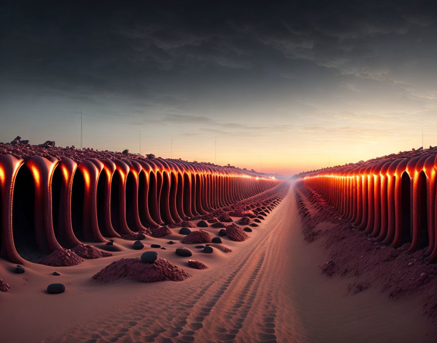 Glowing curved structures in surreal desert landscape at twilight