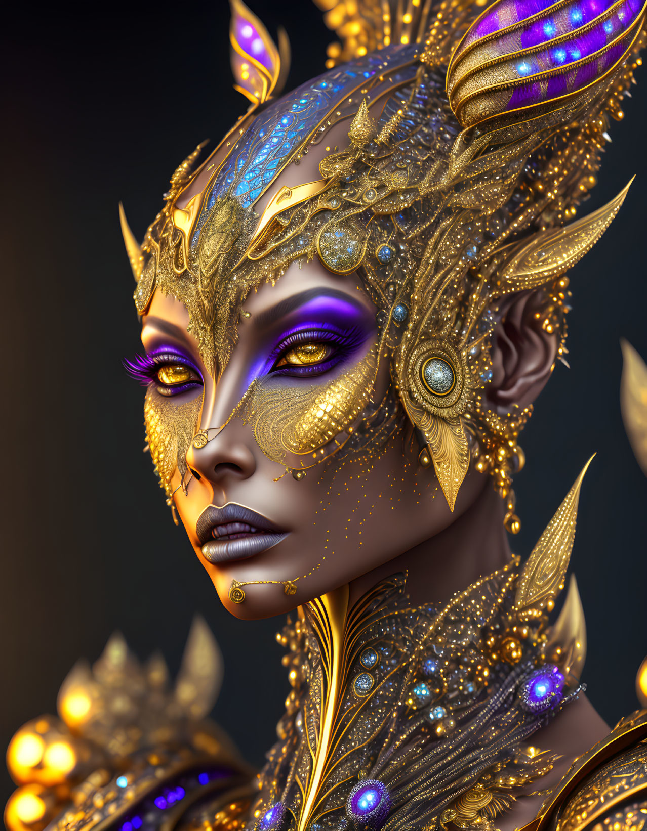 Golden Filigree Mask on Figure with Purple Eye Makeup and Golden Skin