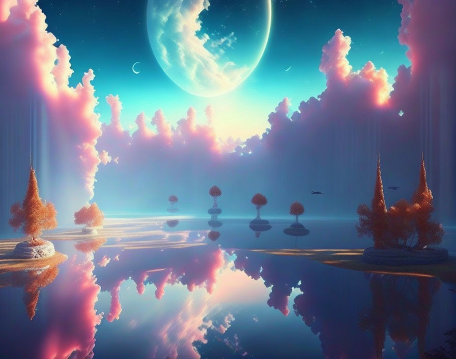 Fantasy landscape with pink clouds, moon, calm waters, floating islands, orange trees