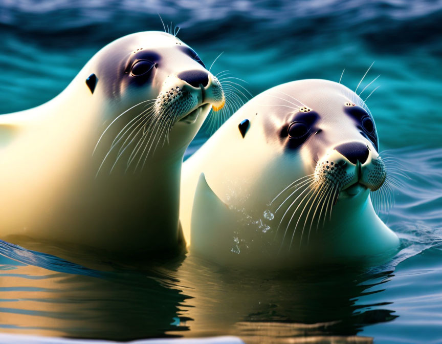 Two seals with shiny coats and whiskered faces peeking out of water together.