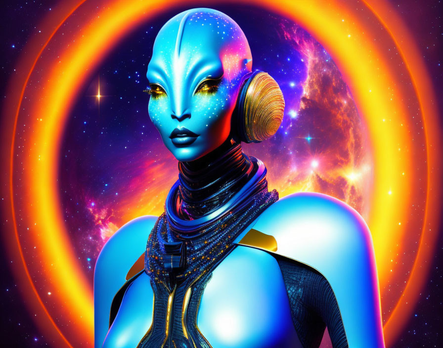 Blue-skinned Female Alien with Golden Eyes in Cosmic Scene