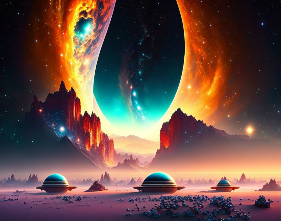 Surreal cosmic landscape with fiery nebulae, rocky terrains, and futuristic domed structures