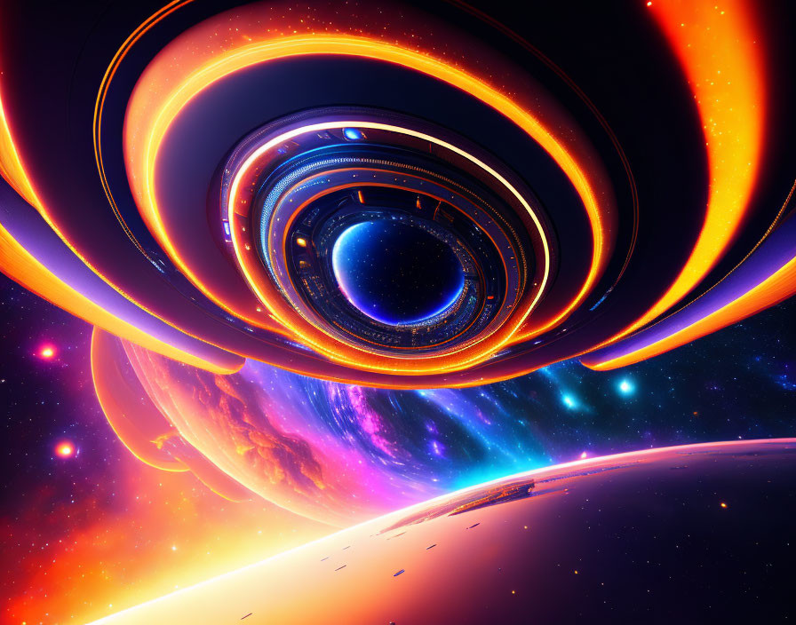 Colorful Cosmic Scene with Celestial Rings and Planet Horizon