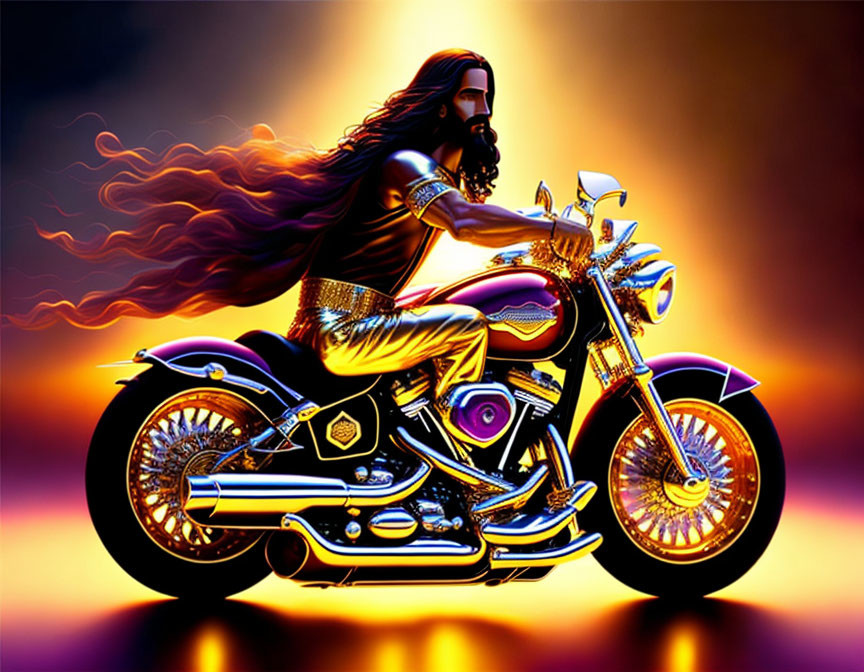 Long-haired individual on vibrant motorcycle against fiery background