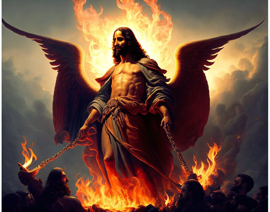 Muscular figure with wings amidst flames holding chains symbolizes power.