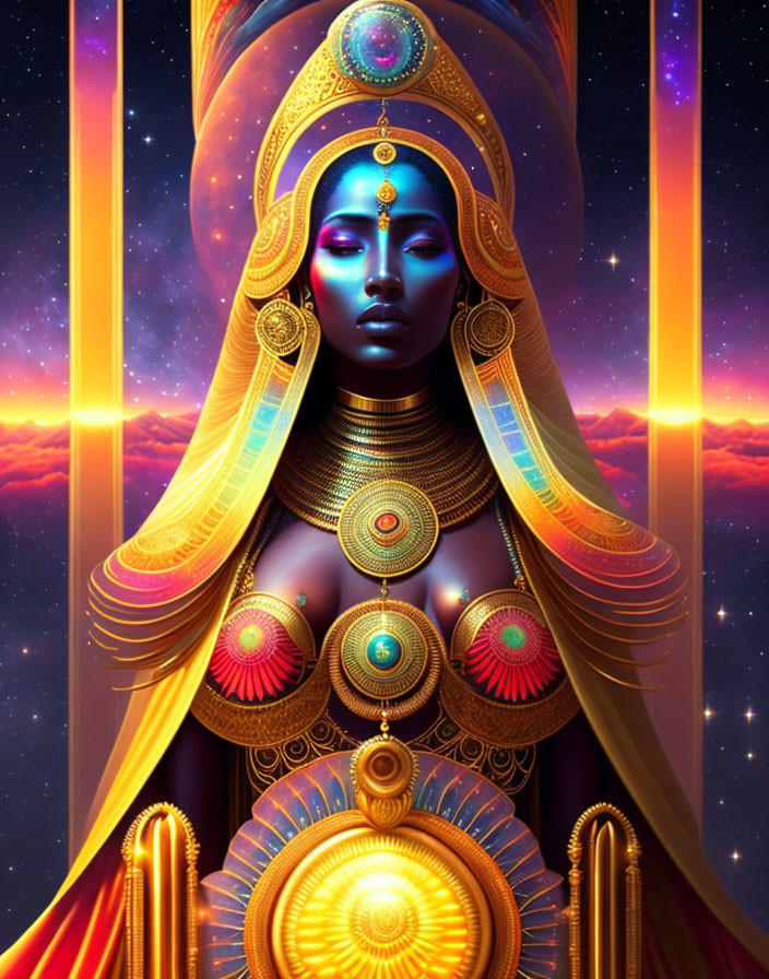 Digital artwork featuring female figure with golden headdress and cosmic backdrop