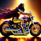 Long-haired individual on vibrant motorcycle against fiery background