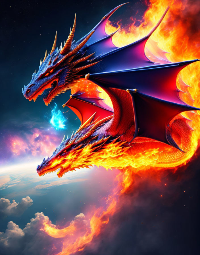 Two-headed dragon breathing fire in starry sky with clouds and glowing orb