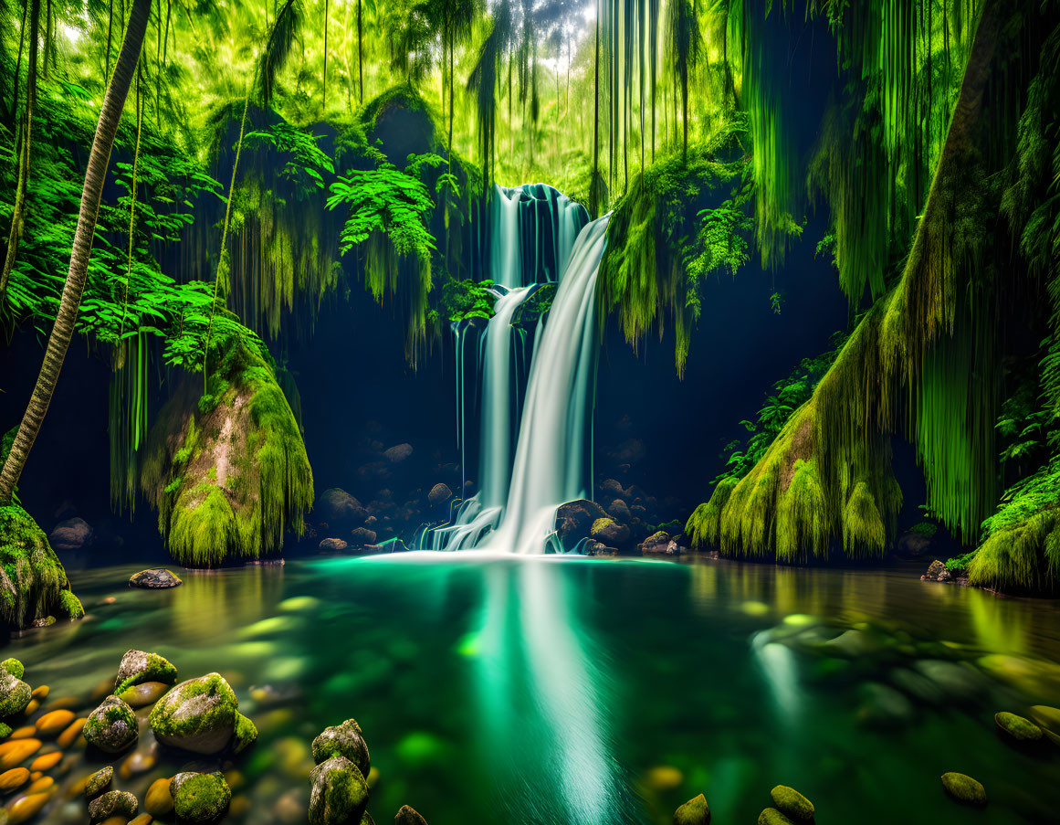 Tranquil forest pool with serene waterfall in lush greenery