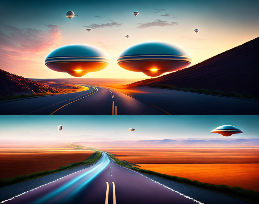 Surreal landscape with highway, floating cities, and sunset sky