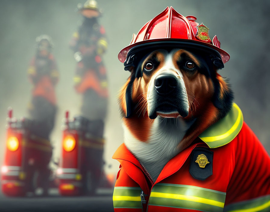 Dog in firefighter gear with two firefighters and smoke