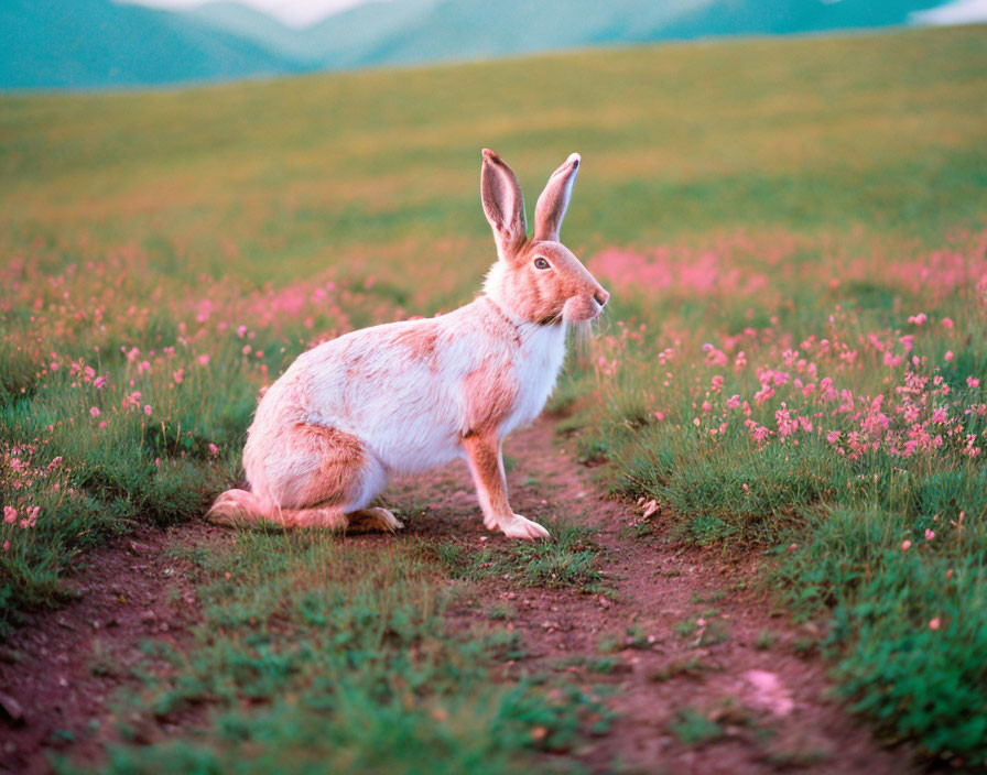 White Rabbit in Blooming Meadow with Pink Flowers and Rolling Green Hills