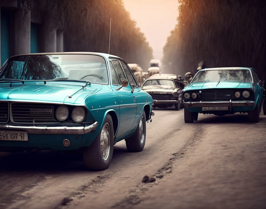 Classic Cars Driving Through Tree-Lined Dusty Road