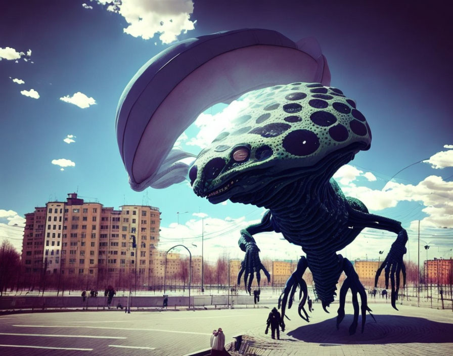 Gigantic octopus-like creature in urban landscape with extended tentacles