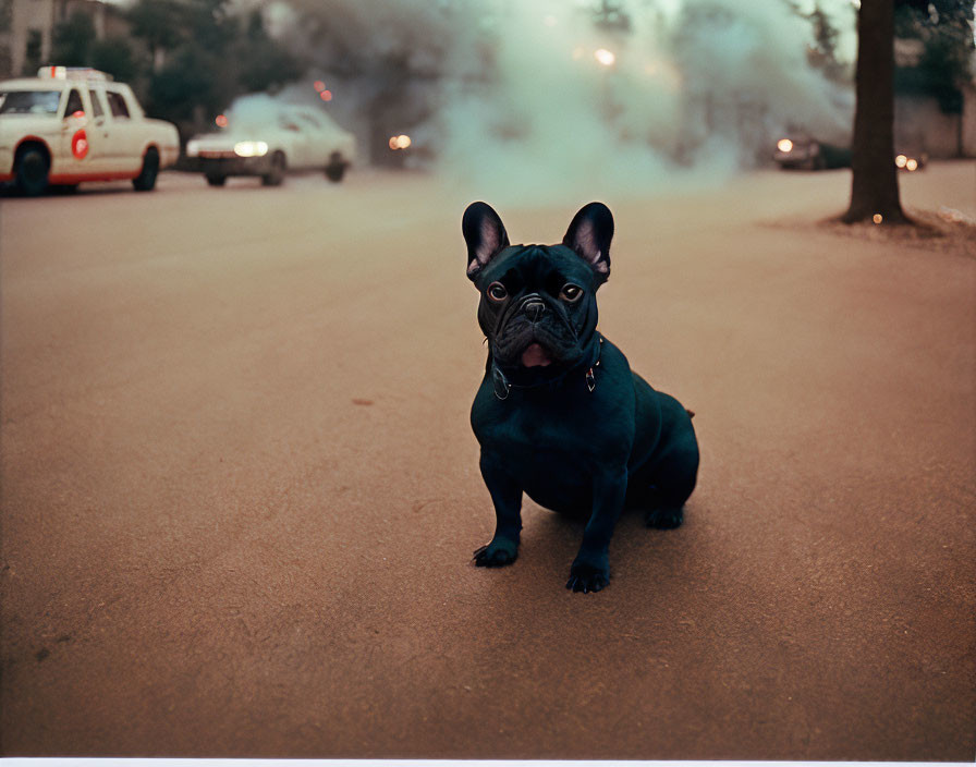 Black French Bulldog on Road with Smoke and Red Cross Vehicle