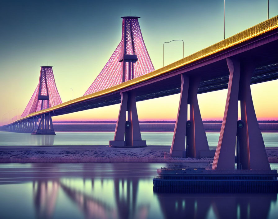 Futuristic bridge with illuminated cables in vibrant sunset sky