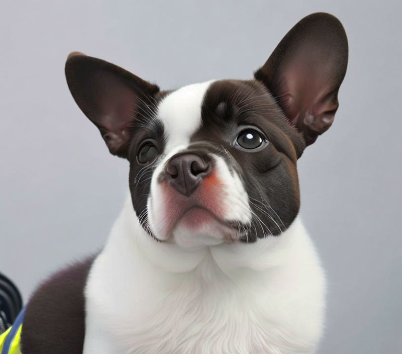 Brown and White Dog with Pointy Ears on Grey Background