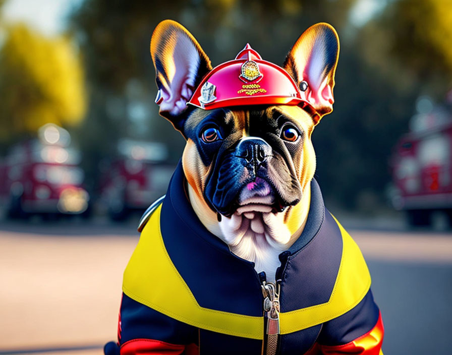 French Bulldog in Firefighter Costume with Blurred Fire Engine Background