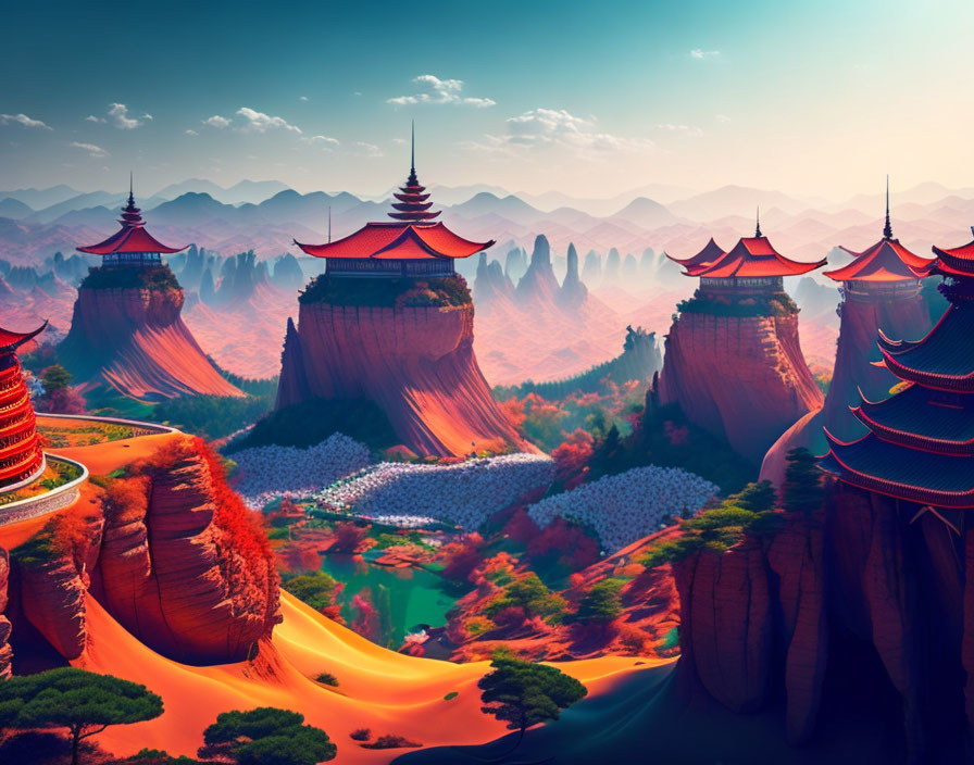 Fantasy landscape with pagoda buildings on red rocks in desert with cherry blossoms