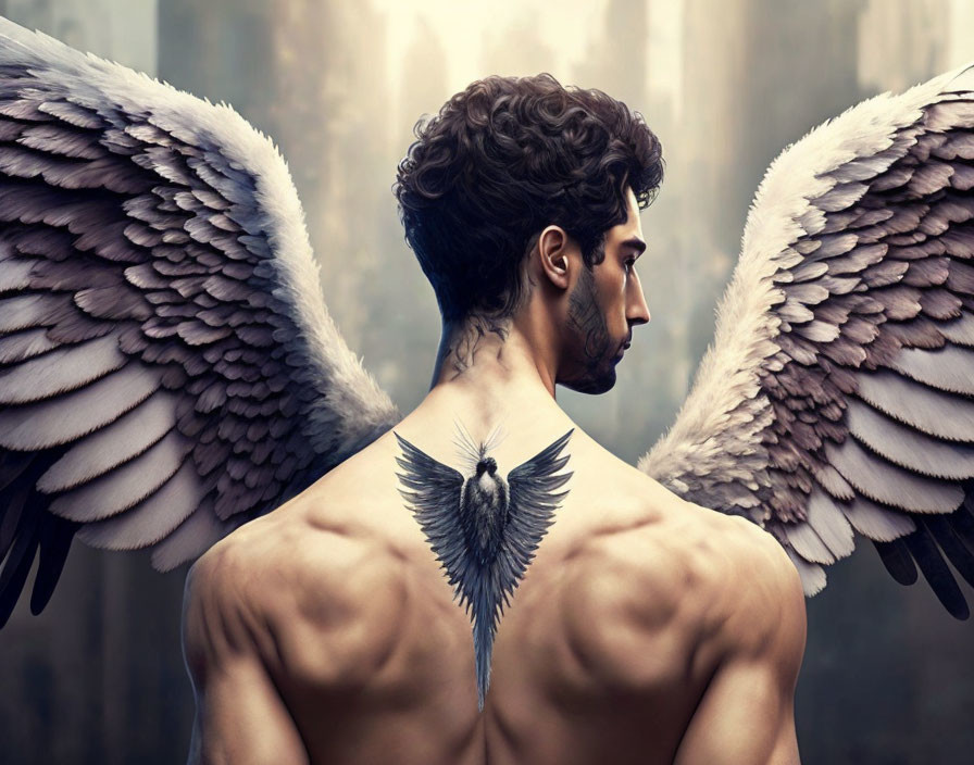 Muscular man with angel wings and tattoo against cityscape.