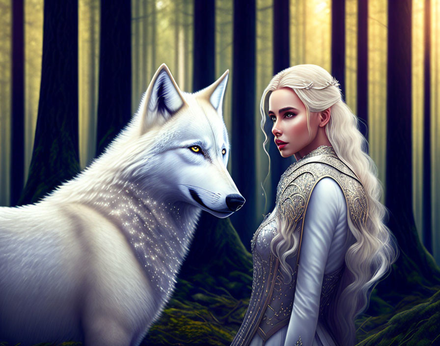 Illustration of woman with white hair and ethereal wolf in mystical forest