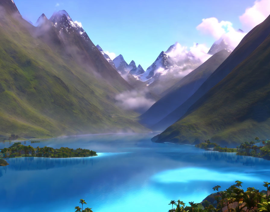 Tranquil digital landscape: blue lake, green mountains, snowy peaks