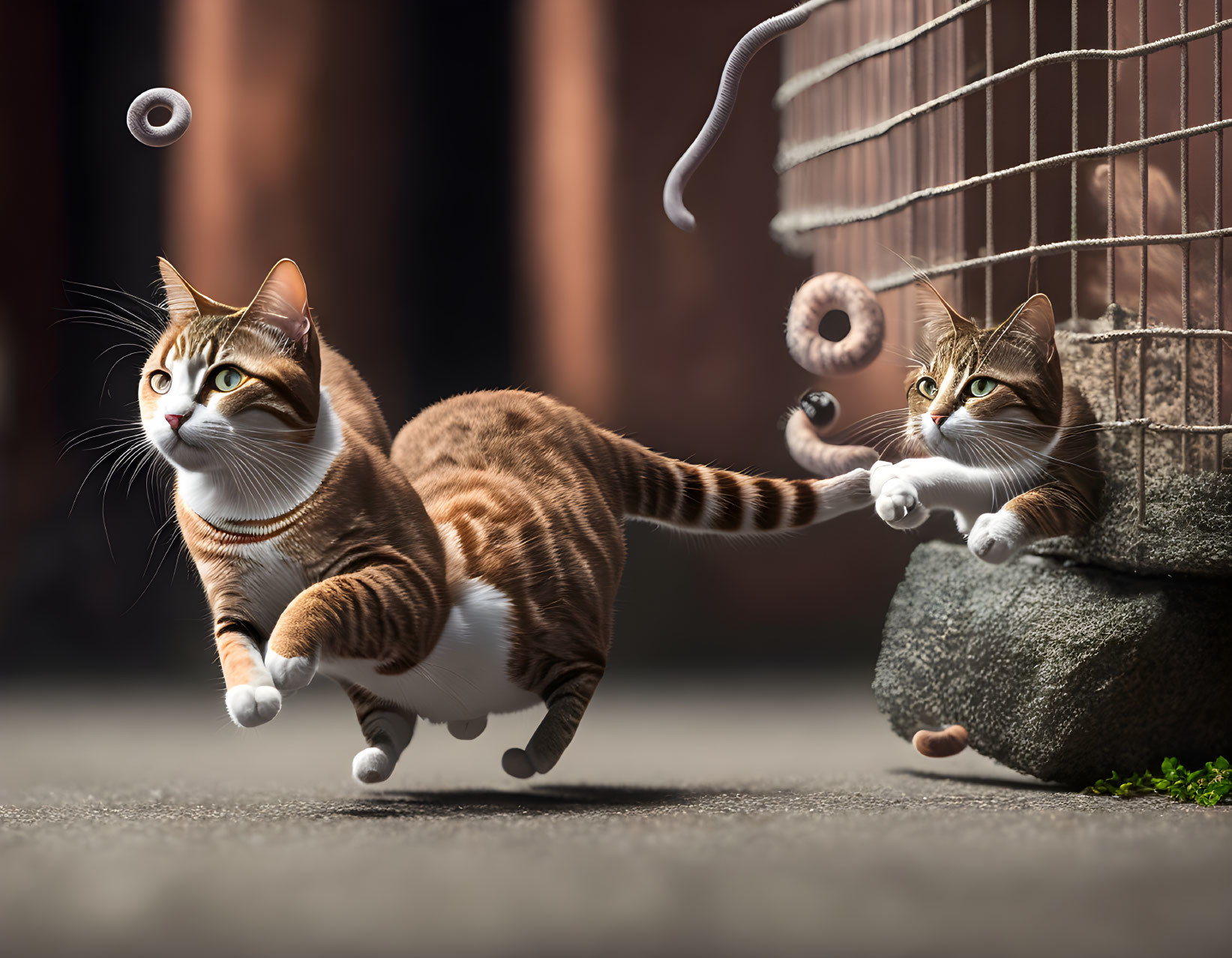 Two tabby cats playing with feather toy near wire cage