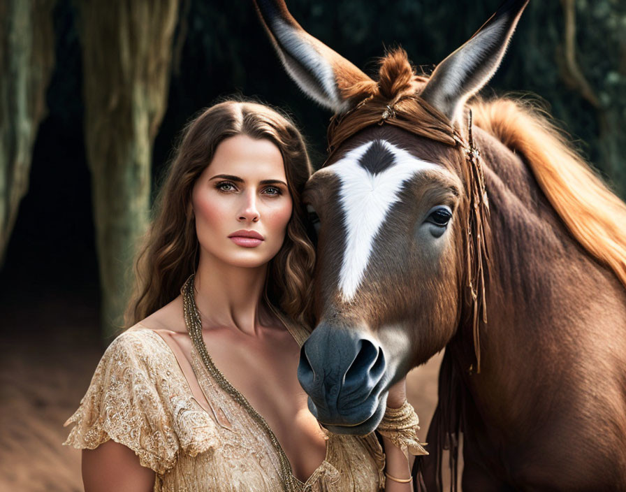 Woman in elegant dress with brown horse against dark tree backdrop