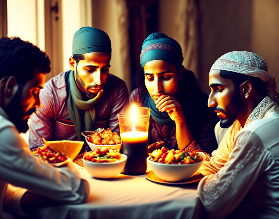 Group of Four Individuals in Cultural Attire Sharing Meal with Lit Candles