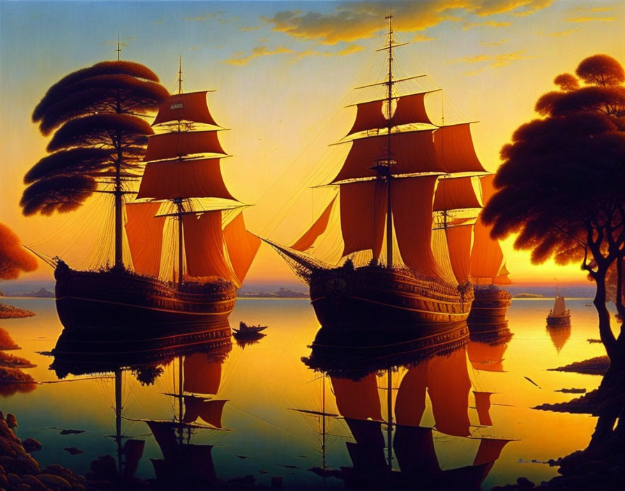 Vintage sailing ship with red sails anchored at sunset near shore, reflecting on calm water.