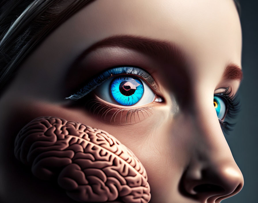 Hyper-realistic 3D female face with blue eyes and brain nose art illustration