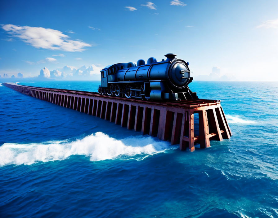 Vintage Steam Train Crossing Long Bridge Over Clear Blue Ocean