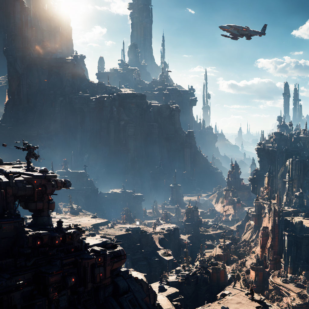 Futuristic cityscape with towering spires and flying vehicles