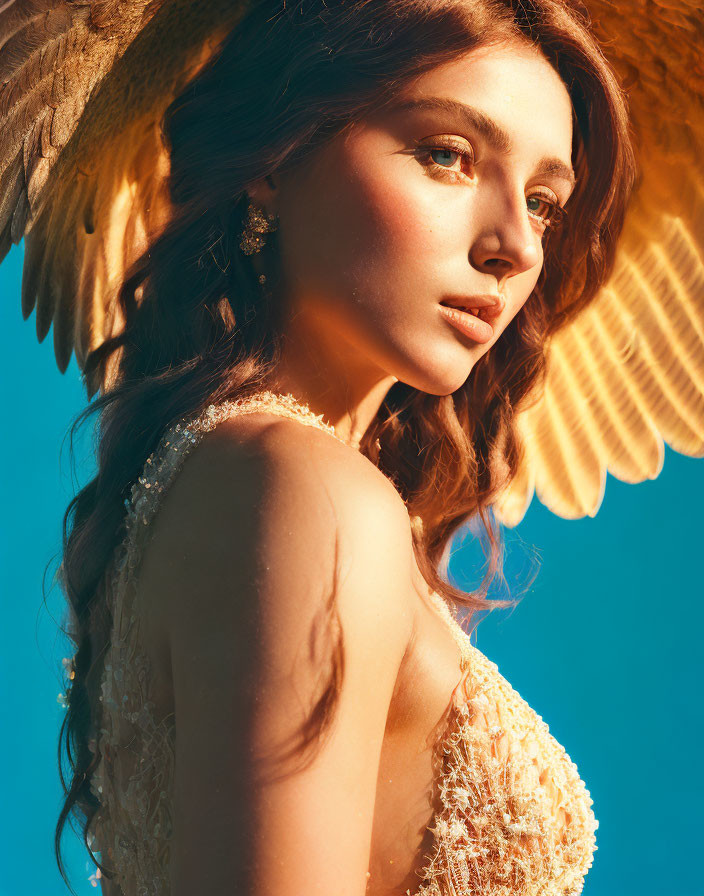 Woman with angel wings in golden sunlight, exuding ethereal beauty